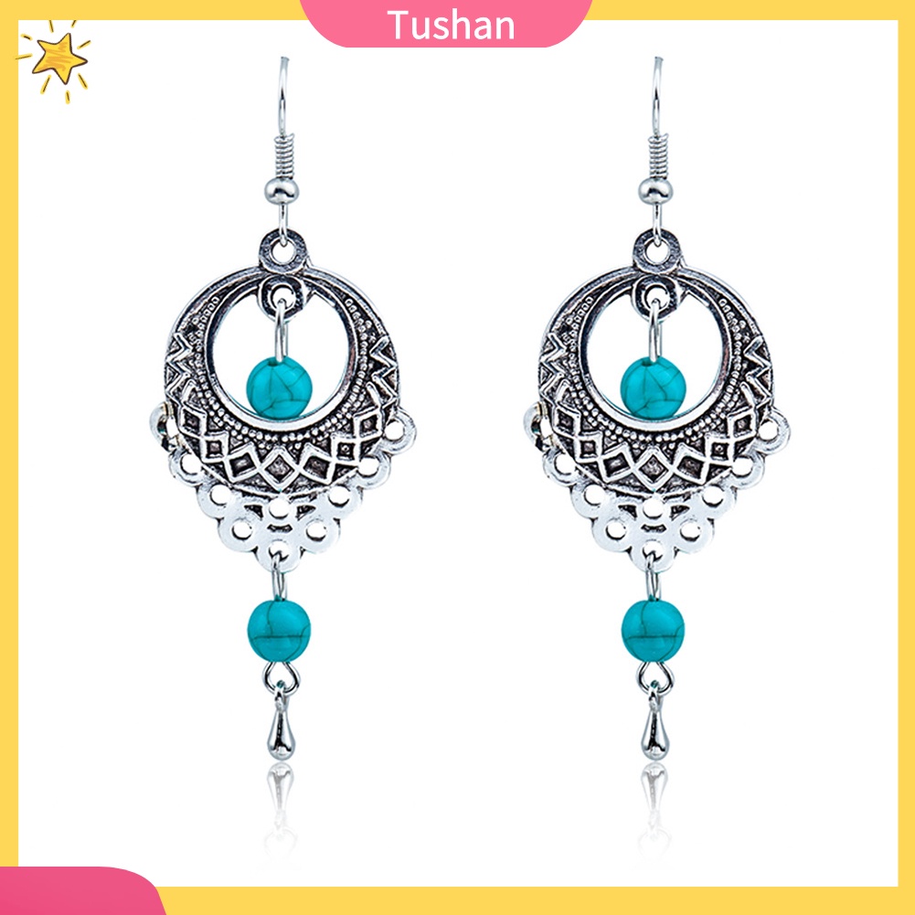 Khuyên tai dáng dài đính đá ngọc lam phong cách Boho