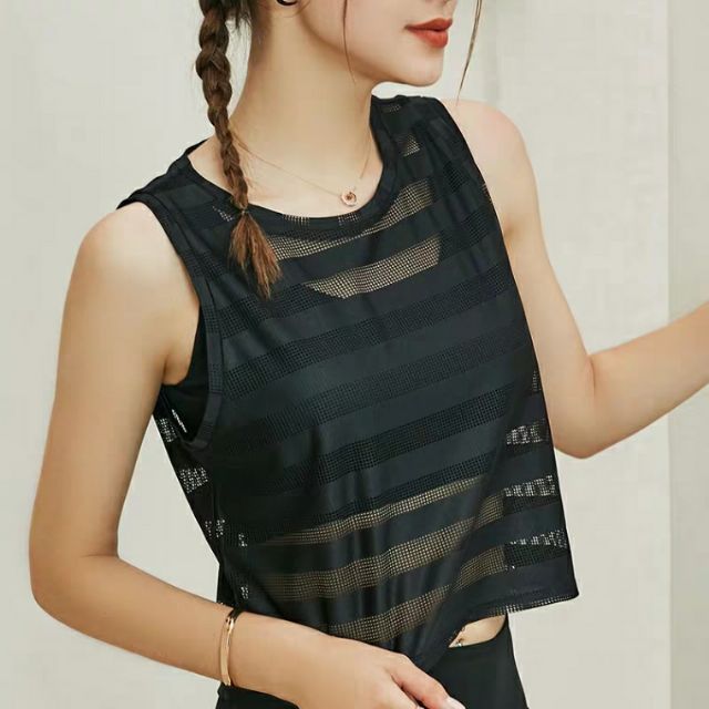 Áo ba lỗ nữ | tank top gym fitness dáng ngắn sọc ngang phối lưới thoáng khí (Ms A17)