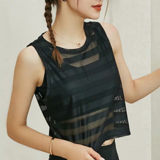 Áo ba lỗ nữ | tank top gym fitness dáng ngắn sọc ngang phối lưới thoáng khí (Ms A17)