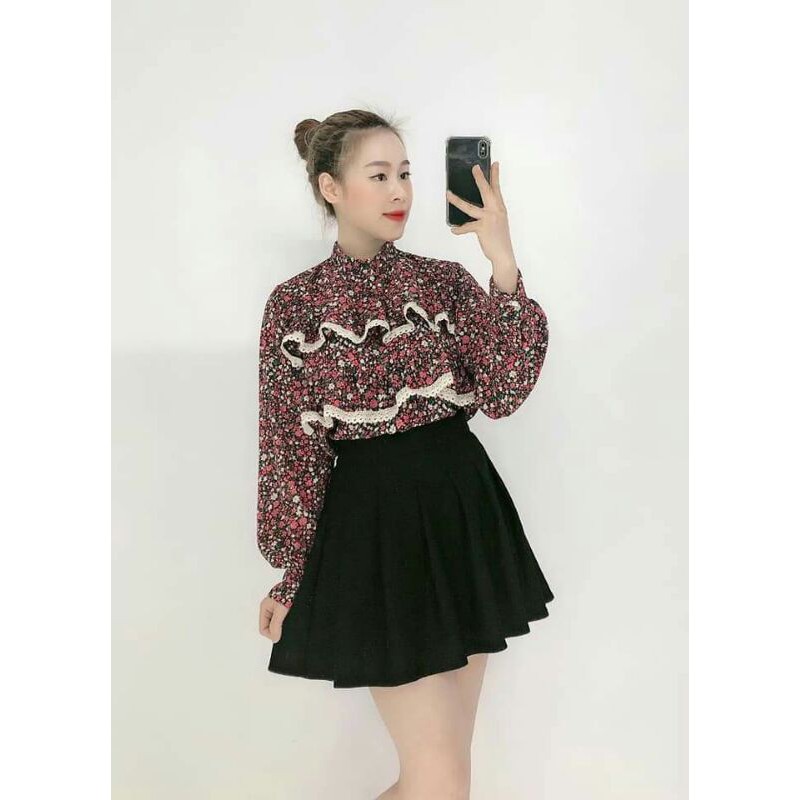 Áo sơ mi bèo phối ren dáng croptop cực xinh freesize