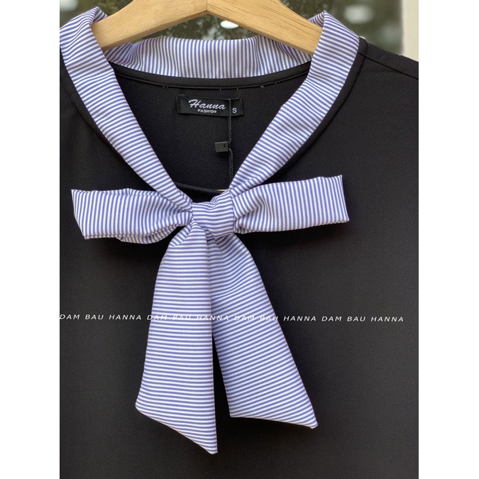 [HANNA] Đầm bầu công sở cao cấp đầm bầu xanh đen phối sọc có size 80kg dài qua gối vải cao cấp mềm mát không nhăn