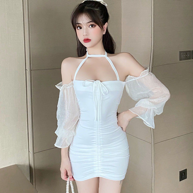 Women's Off Shoulder Halter Stitching Slim Sexy Long Sleeves Dress