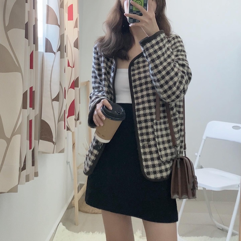 Áo khoác dạ ulzzang họa tiết caro màu nâu phong các tiểu thư Hàn Quốc - immin.h