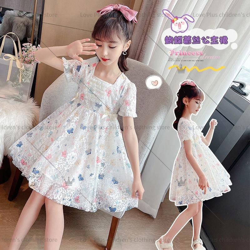 Đầm Công Chúa Phối Ren Họa Tiết Hoa Và Bướm Thời Trang Mùa Hè Cho Bé Gái 3-12 Tuổi