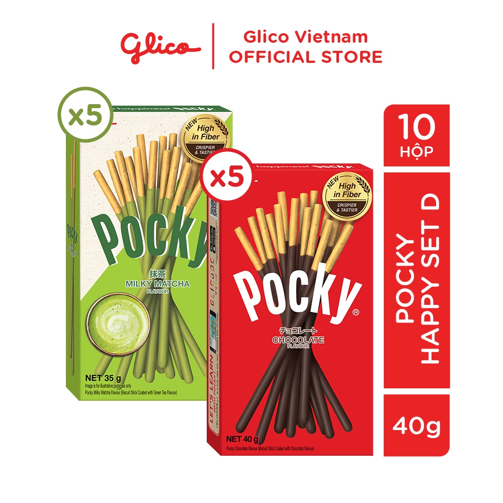 Bánh snack que phủ kem Glico Pocky Happy Set D combo 10 hộp (5 sô cô la 5 matcha)