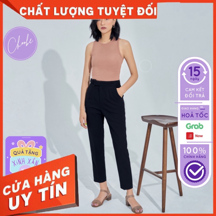 Quần baggy nữ Choobe lưng cạp cao đai vải vuông cúc lệch đồ công sở đi học form đẹp màu đen ghi Q02 - HÀNG MỚI VỀ