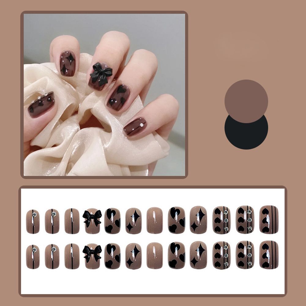 [Hàng mới về] Hộp 24 móng tay giả ngắn đầu tròn/vuông loại ấn che phủ toàn diện họa tiết nơ/trái tim có thể tháo rời