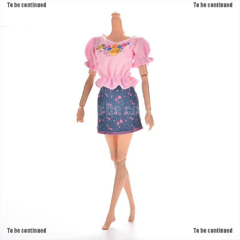 Bộ 2 Áo Thun Màu Hồng + chân váy jean Xanh Cho Búp Bê Barbie