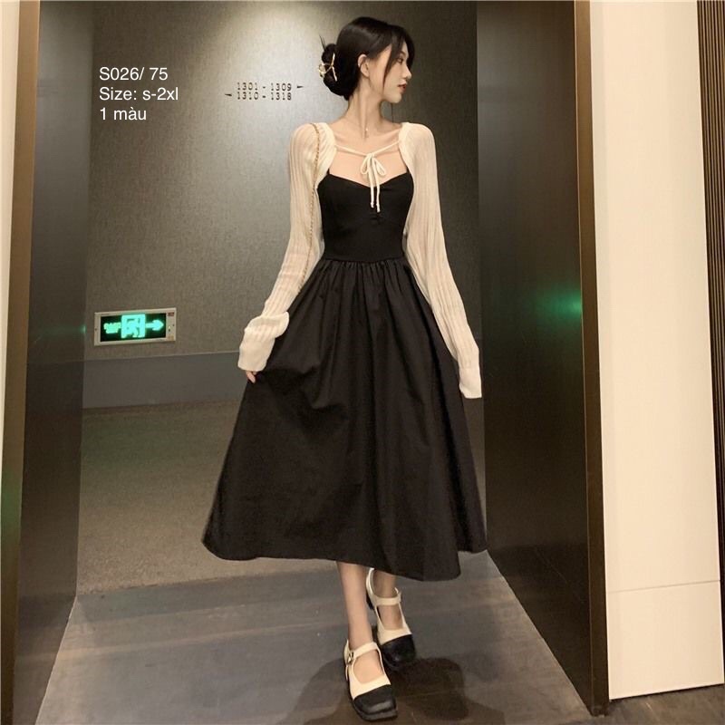 🍂 Set Cardigan len croptop dây buộc cổ + váy 2 dây đen dáng dài xoè nhẹ sang chảnh