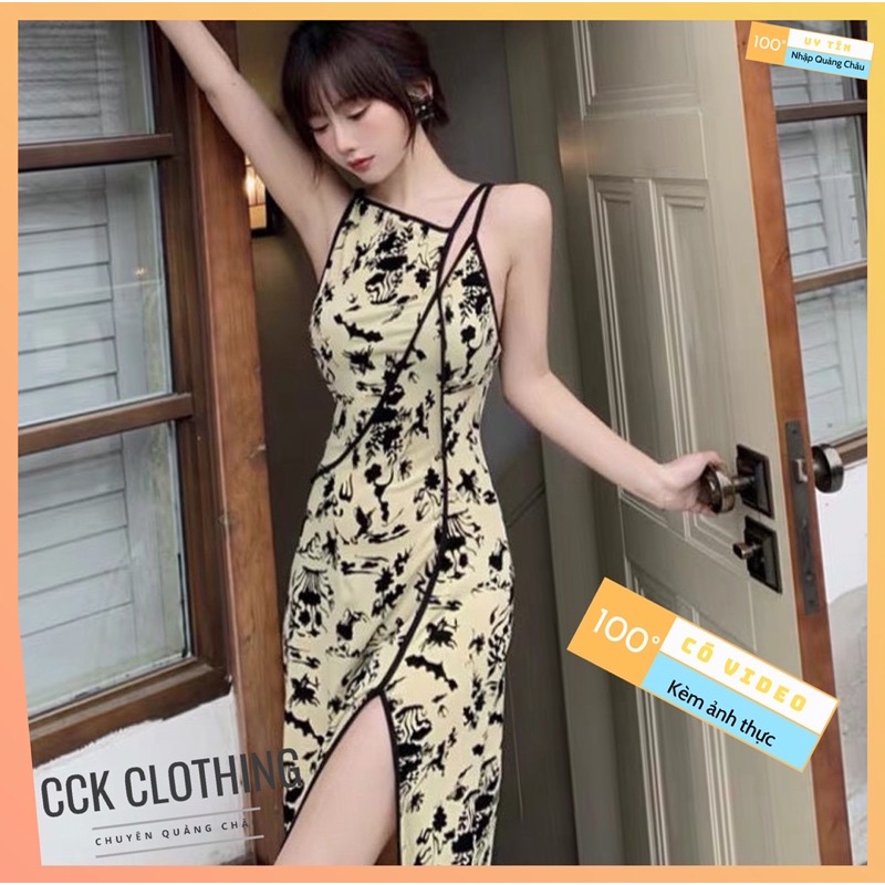 Đầm nữ dáng dài ✅ Váy cổ yếm body hoạ tiết dáng dài cut out phối kiểu ôm - mã váy V57