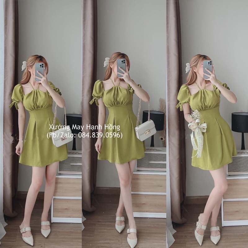 Váy vải trượt cổ yếm cộc tay bo chun xanh/trắng, váy thiếu kế cutout vai Hàn Quốc cực xinh