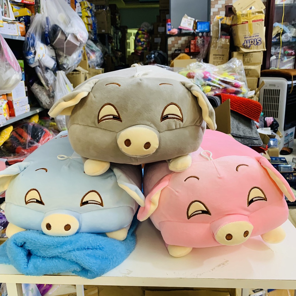 Combo Gấu bông 50cm kèm chăn(mền) hình bé heo - chuột vải nhung mịn bông êm dễ thương- hàng cao cấp