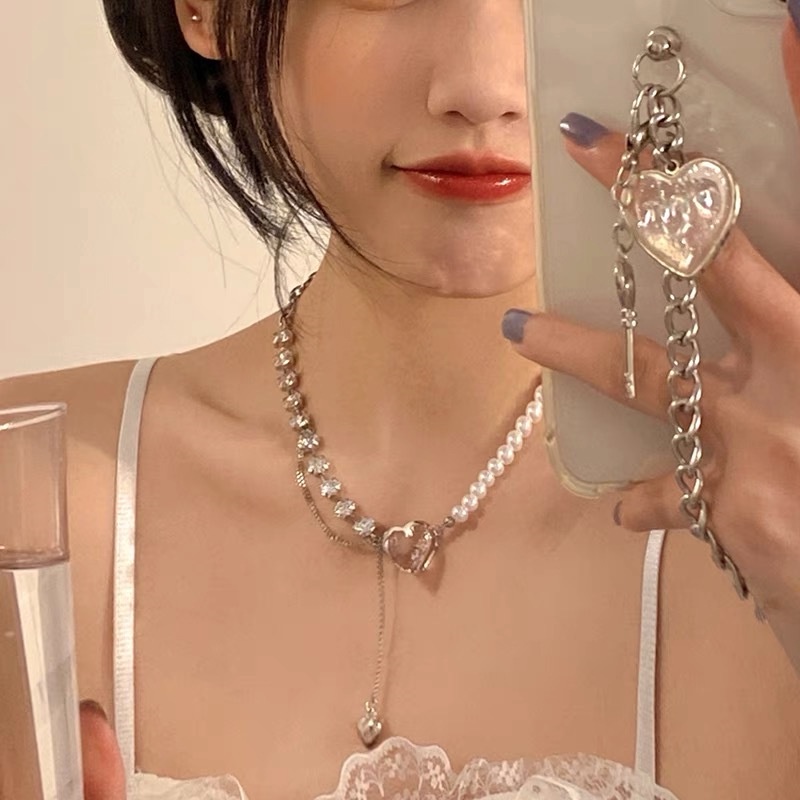 Dây Chuyền Mặt Hình Trái Tim Đính Ngọc Trai Phong Cách Nhật Hàn Cổ Điển
