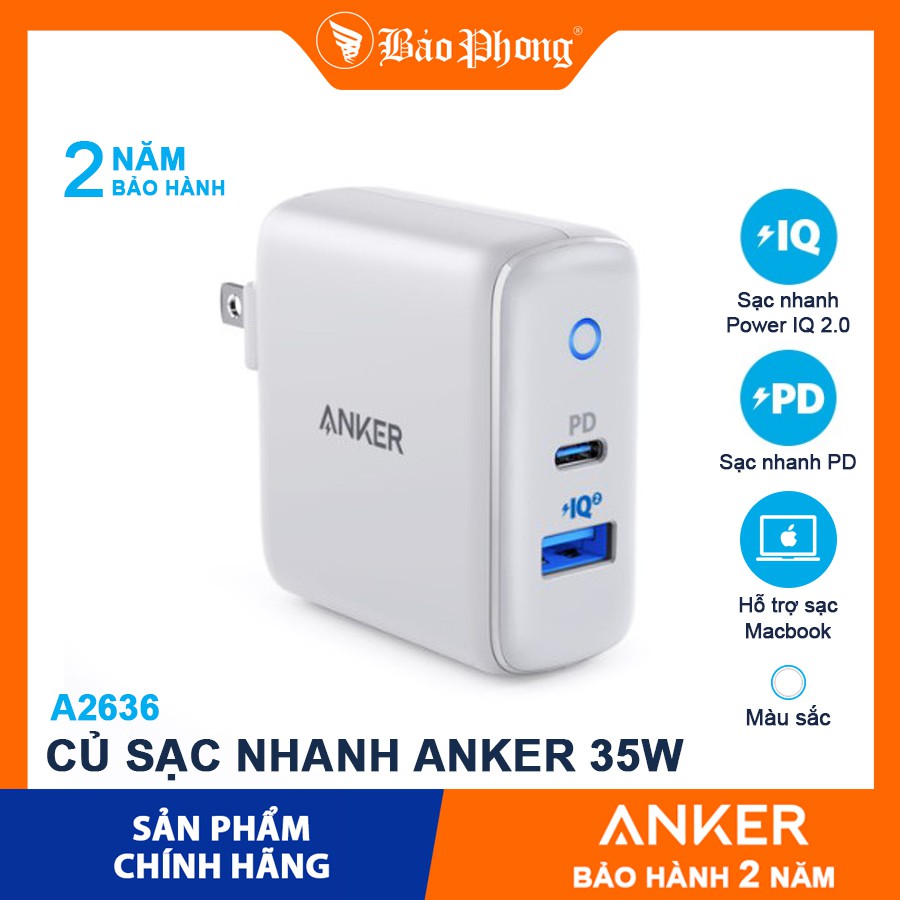 Củ Sạc Nhanh 35W ANKER A2636 2 Cổng PD 20W + USB-A QC3.0 15W PowerIQ Cho iP 12 ip Pro 11 XS mã 8 8p S10 S20 cốc cóc