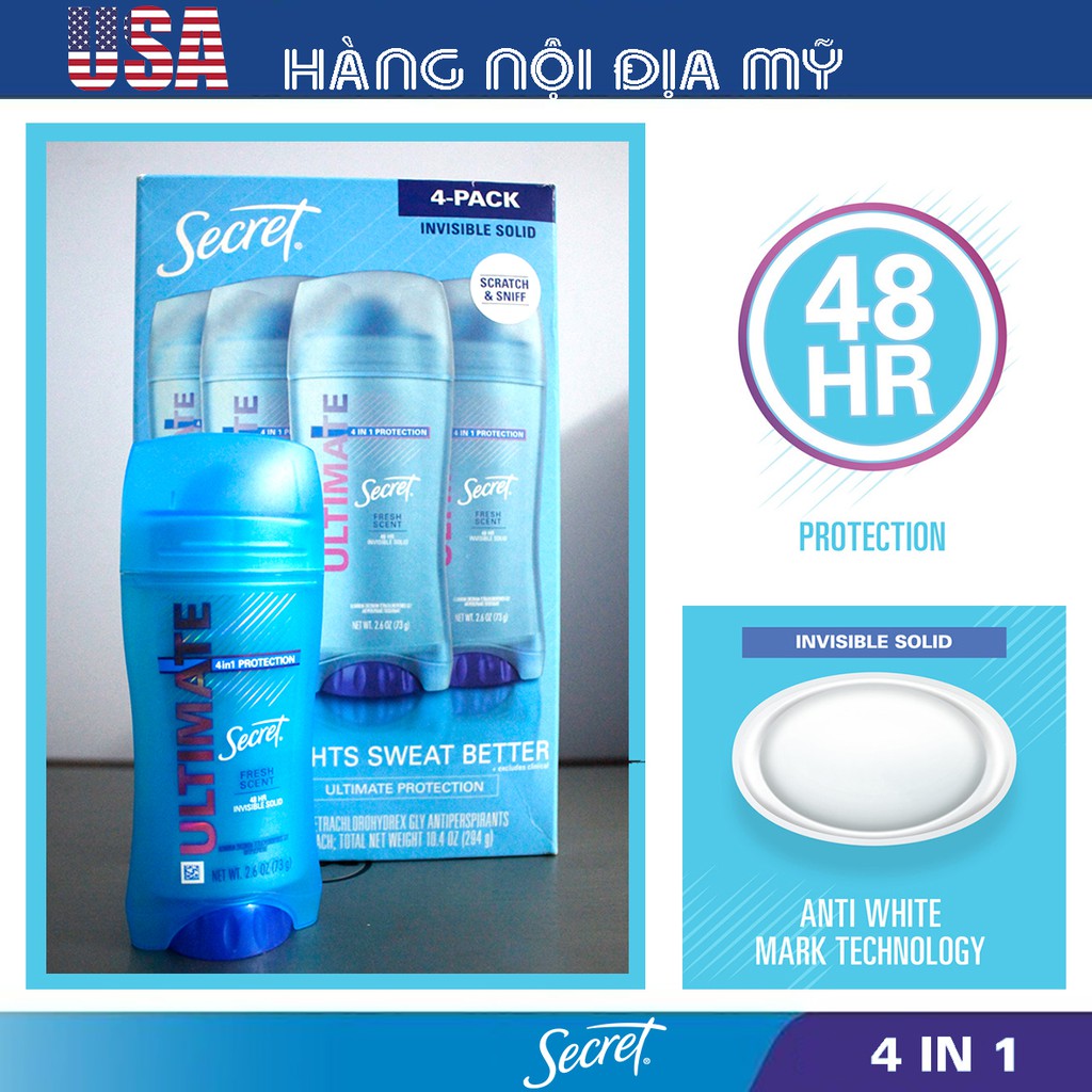 Lăn khử mùi Secret Ultimate 4-in-1 Protection Antiperspirant [HÀNG LOẠI 1 NỘI ĐỊA MỸ]