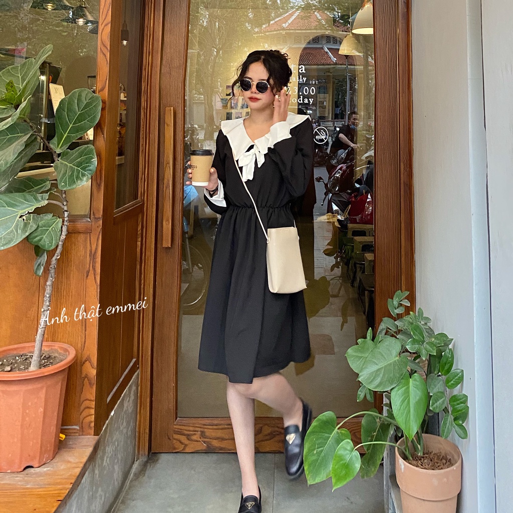 Váy babydoll nơ cổ dài tay trắng đen, đầm tiểu thư emmei v114