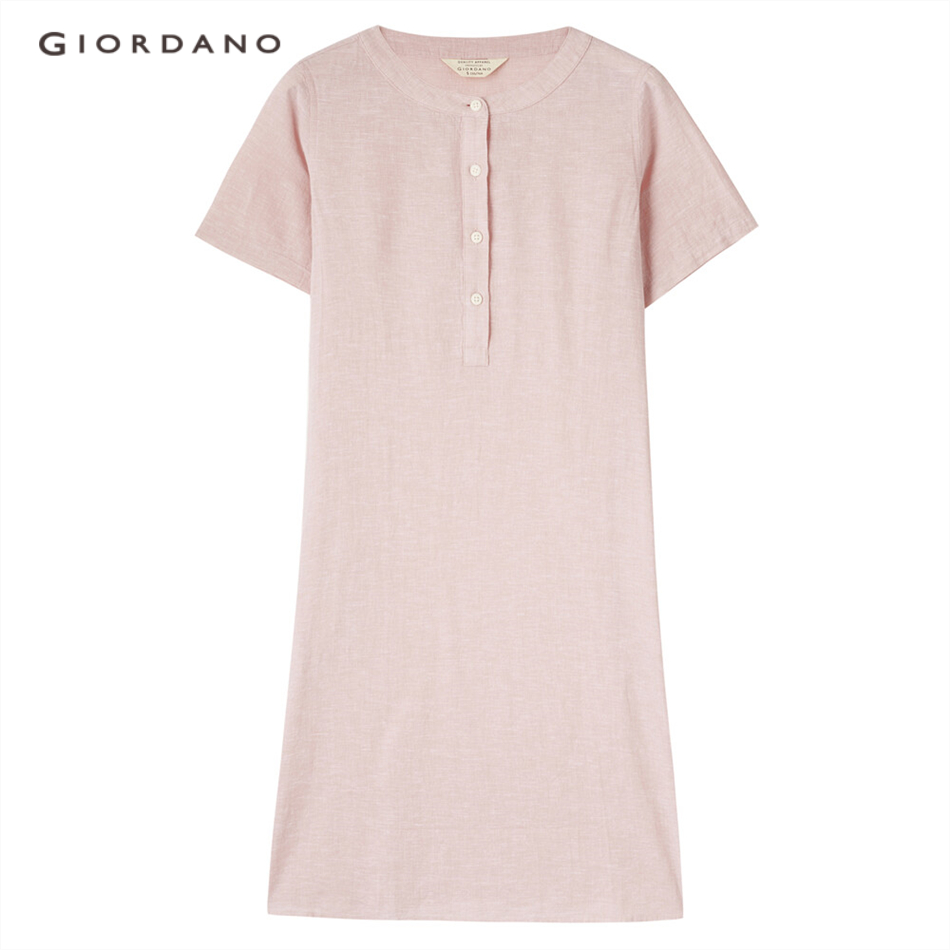 Đầm Giordano 05461301 Chất Linen-cotton Nẹp Cài Nút Lửng Cổ Tròn Cho Nữ