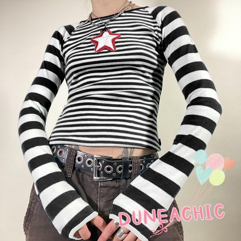 DUNEA Áo Croptop Tay Dài Kẻ Sọc In Hình Ngôi Sao Thời Trang Cho Nữ