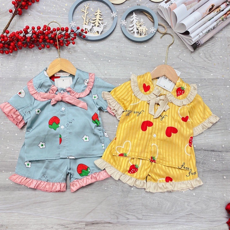 Bộ pịama lụa tay ngắn mặc nhà cho bé gái cổ viền bèo cực xinh