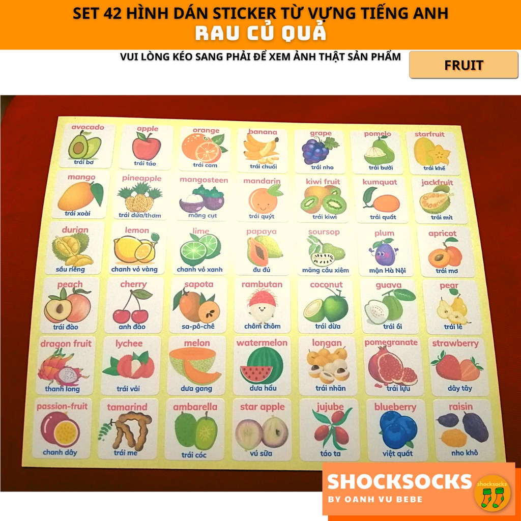 🔥42 hinh dán sticker từ vựng tiếng Anh chủ đề RAU CỦ QUẢ🔥