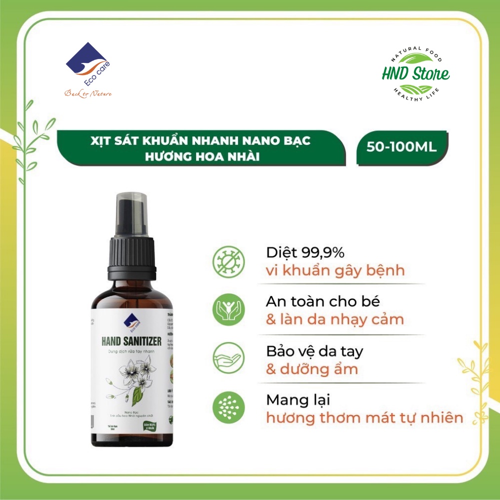 Nước Rửa Tay Sát Khuẩn Hữu Cơ, Xịt Rửa Tay Khô Nano Bạc và Tinh Dầu Hoa Nhài nguyên chất ECOCARE 50 – 100ml – HND Store | BigBuy360 - bigbuy360.vn