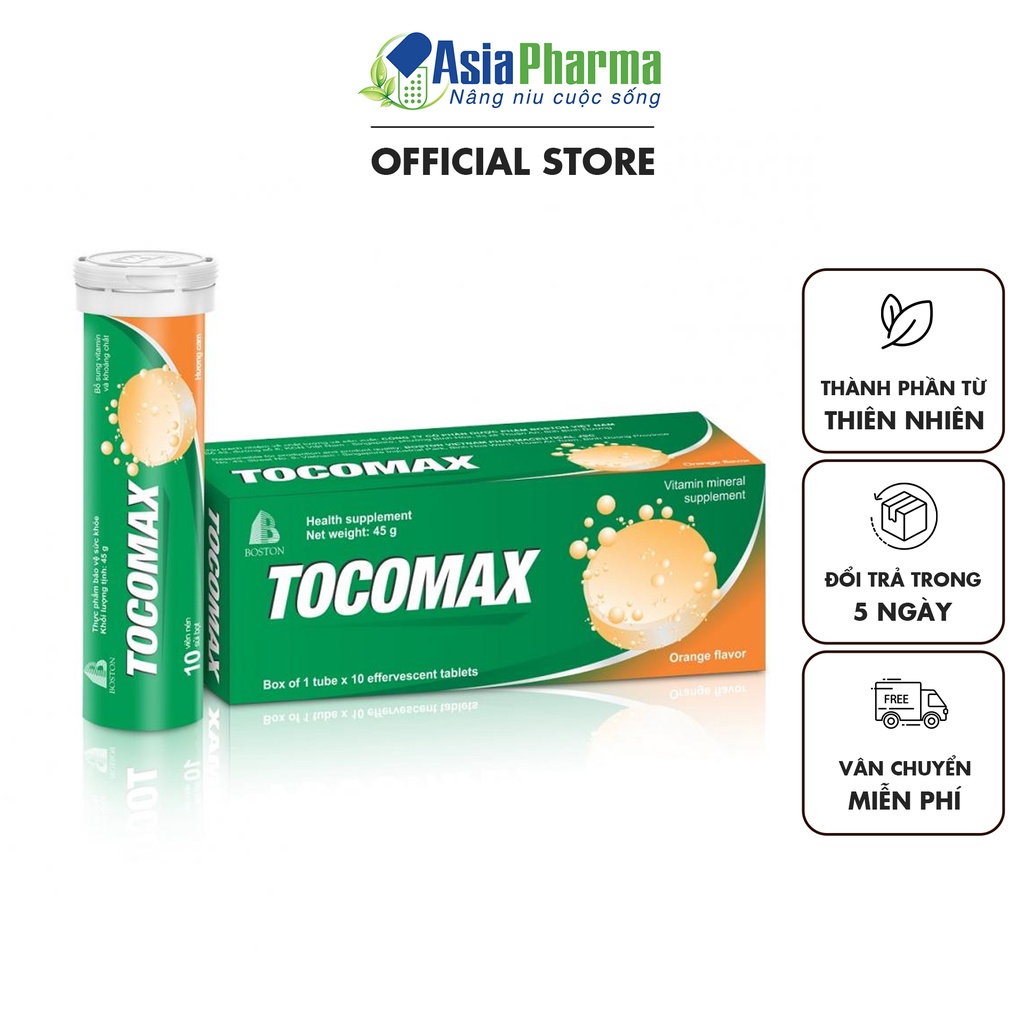 Viên sủi vitamin C TOCOMAX PLUS tăng sức đề kháng bổ sung vitamin và khoáng chất tube 10 viên - ASIA PHARMA