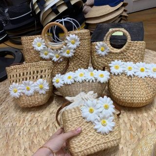 Túi cói hoa cúc trắng vintage