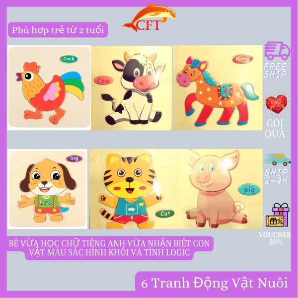 Xếp Hình Gỗ 3D  Puzzle có 40 Tranh Ghép Hình Cho Bé Từ 2 Tuổi Chơi Và Học Tiếng Anh 3 Chủ Đề Con Vật Giao Thông Hoa Quả