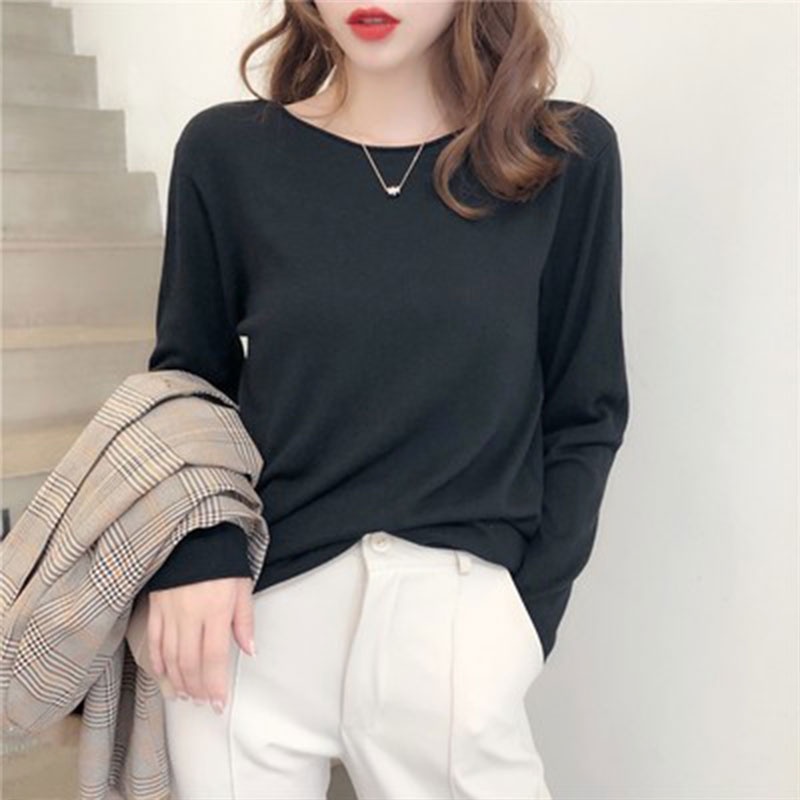 Áo Sweater Dệt Kim Tay Dài Cổ Tròn Dáng Rộng Thời Trang Mùa Thu Cho Nữ