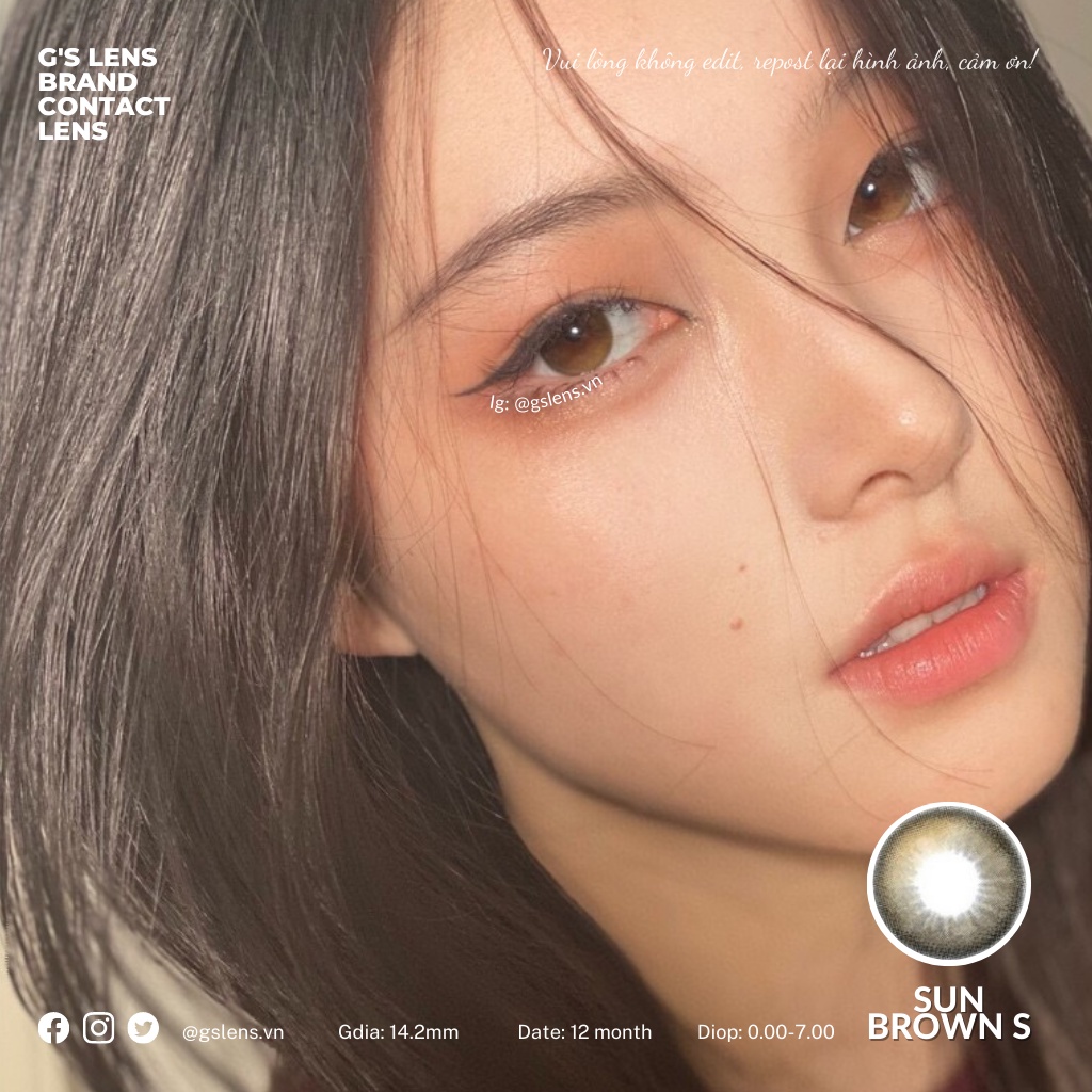 Lens Mắt Kính Áp Tròng Mặt Trời Sun Brown Giãn Ít Có Từ 0 Đến 7 Độ Lệch Độ Size S 14.2mm