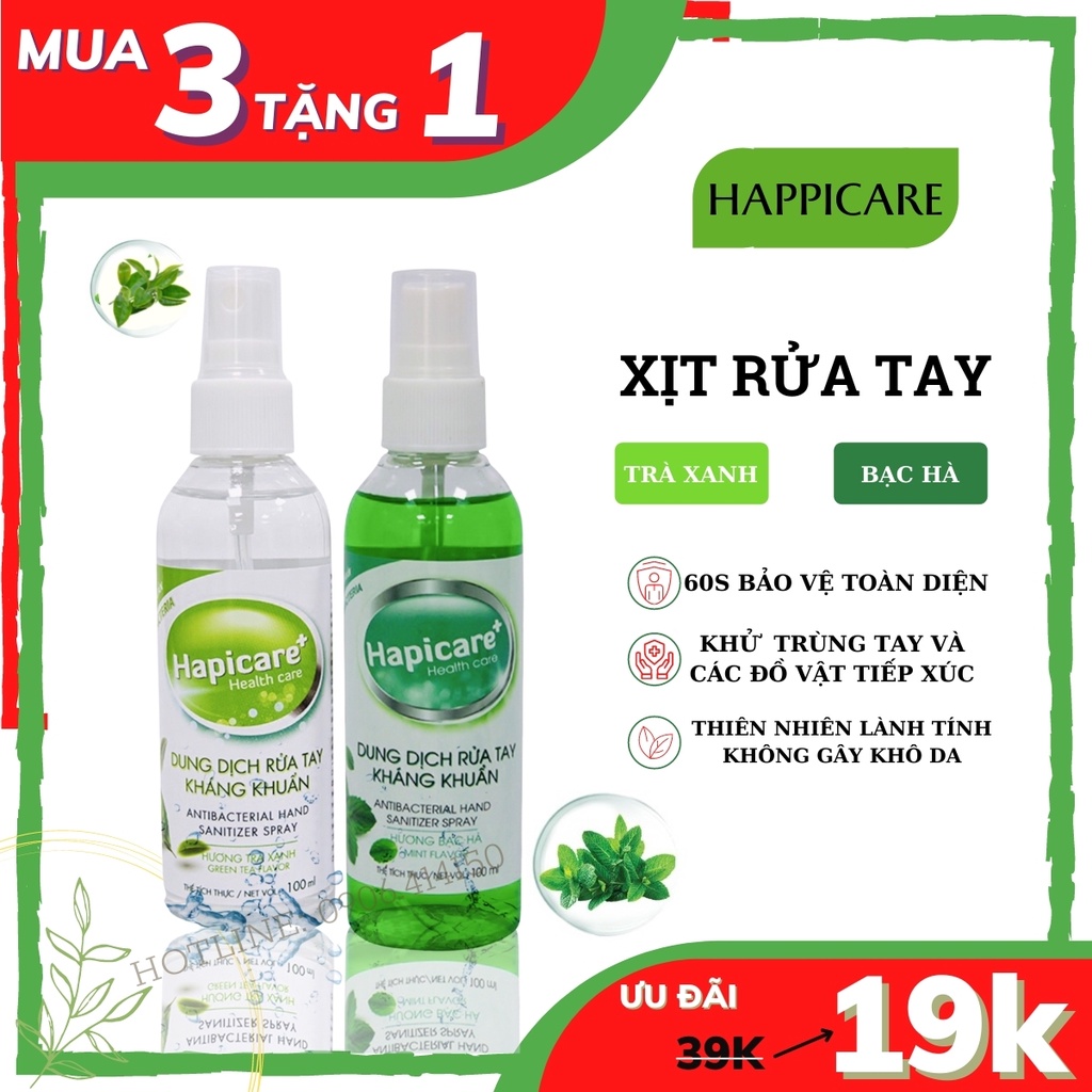 Chính hãng chai xịt khuẩn mini hapicare+ 100ml dung dịch rửa tay sát khuẩn - ảnh sản phẩm 1