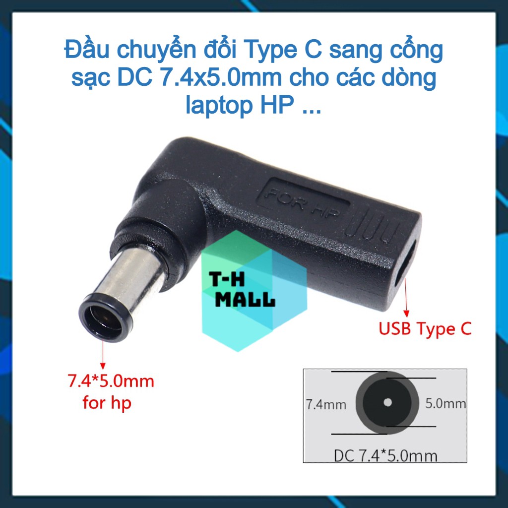 Đầu sạc chuyển đổi cổng USB Type C sang nguồn điện DC 7.4x5.0mm / 7.4*5.0mm chuyên dụng cho laptop Dell HP