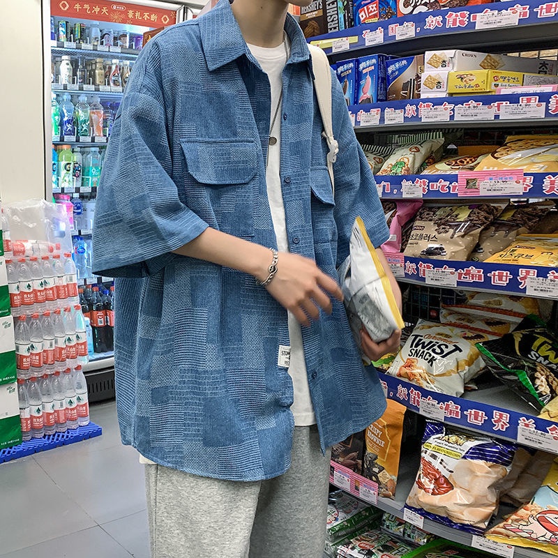 Áo Thun Denim Tay Lửng Dáng Rộng Thời Trang Mùa Hè Dành Cho Nam