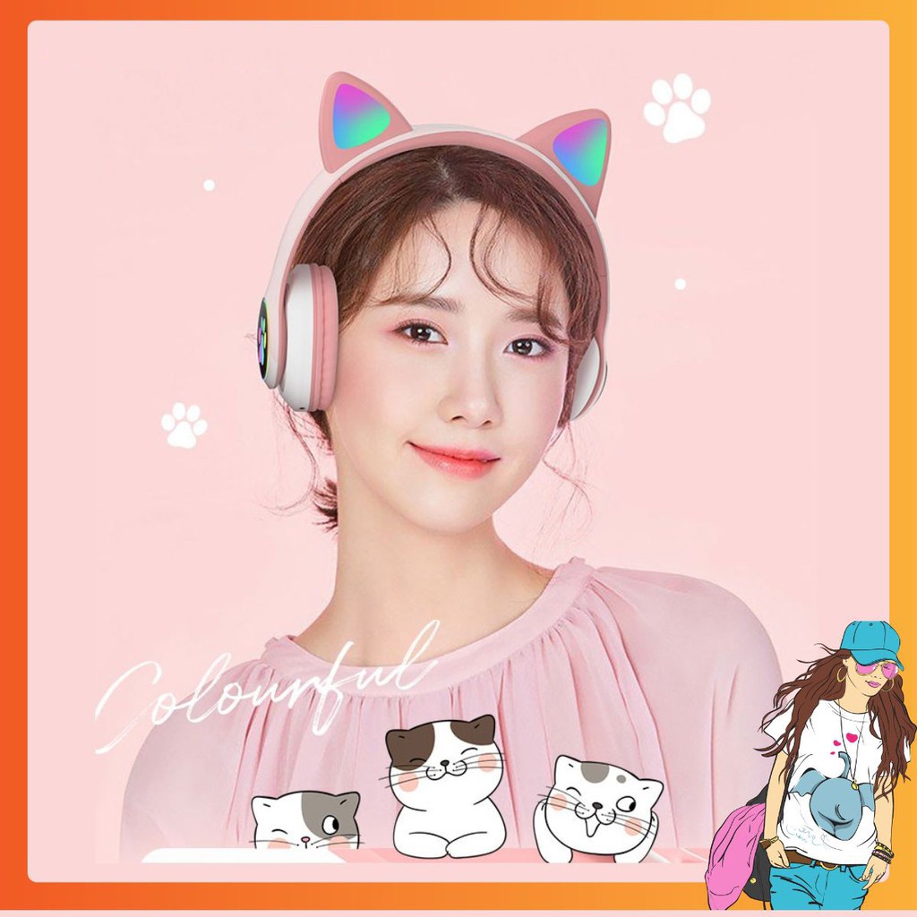 Tai Nghe Mèo Chụp Tai Không Dây Headphone Bluetooth 5.0 Cute Hết Chỗ Chê Tặng Kèm Dây Kết Nối Với Điện Thoại