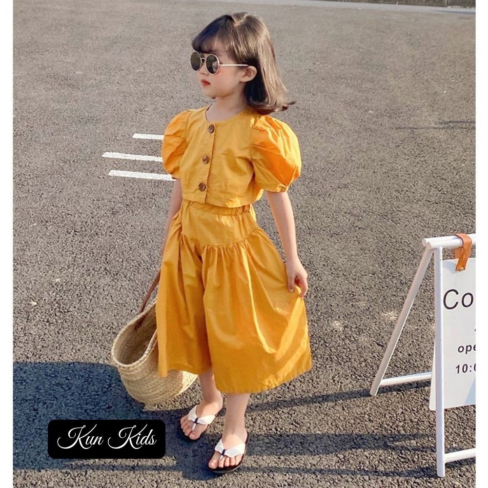 Bộ quần áo bé gái Kun Kids chất đũi Hàn cao cấp kiểu áo tay bồng và quần ống rộng cho bé 2-10 tuổi