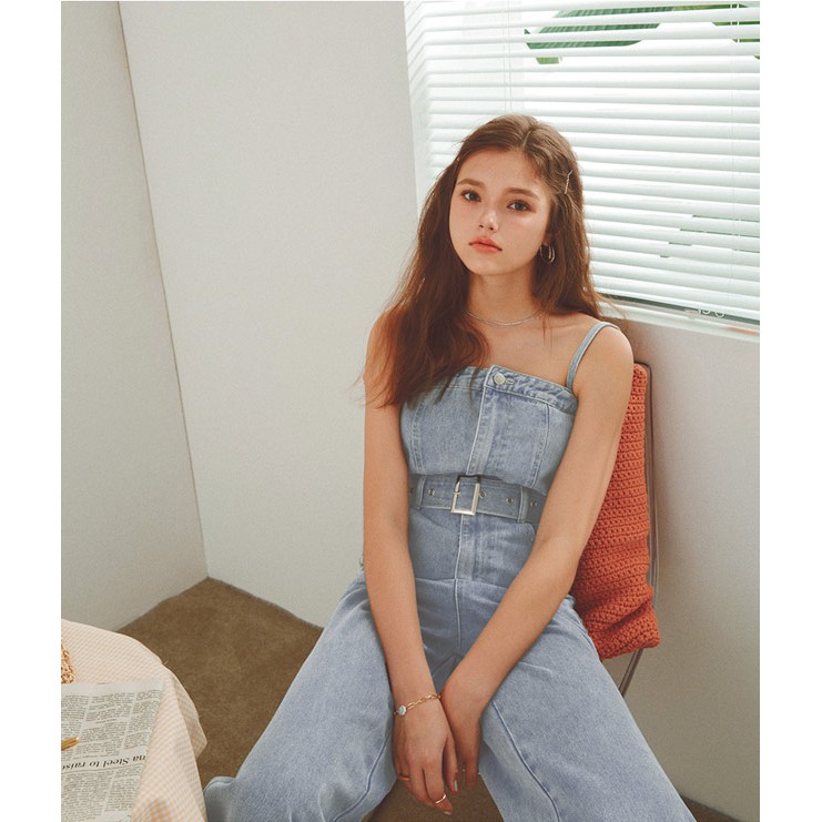 Jumpsuit dài denim 2 dây cá tính Nữ Air Space 2031811003