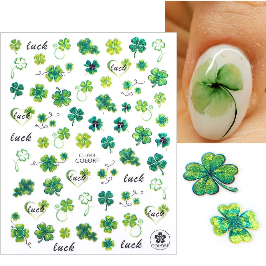 Miếng Dán Trang Trí Móng Tay 3D Hình Cỏ Ba Chiều Màu Xanh Lá Hoa Shamrock Ginkgo Sping