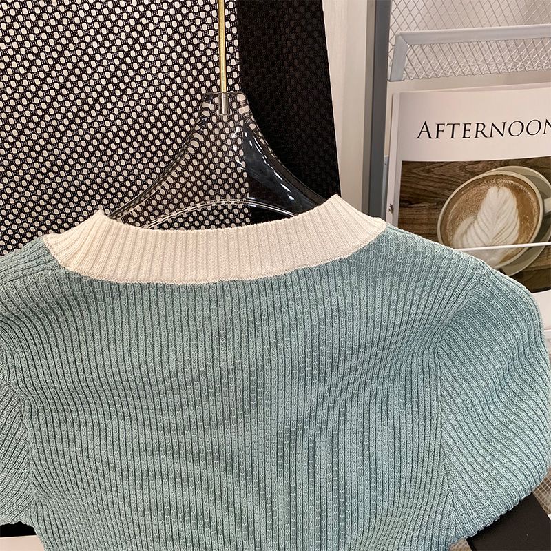 Áo Thun Lụa Lạnh Tay Ngắn Màu Sắc Tương Phản Phong Cách Pháp Thời Trang Mùa Hè Cho Nữ