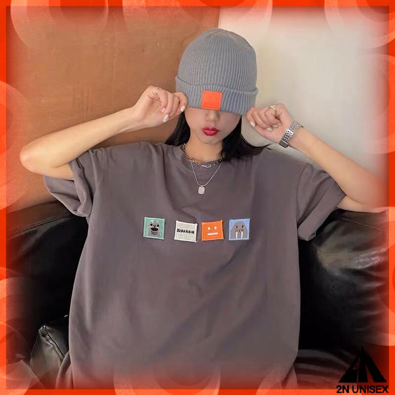 Áo thun tay lỡ form rộng - phông nam nữ cotton oversize - T shirt thêu 4 logo - 2N Unisex