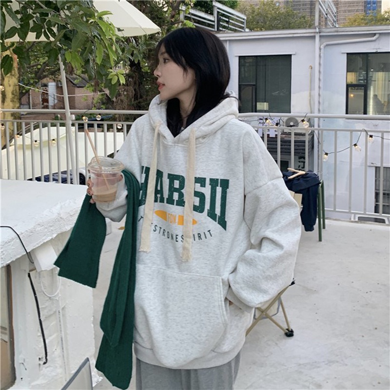 Áo Hoodie Tay Dài Dáng Rộng Màu Xám Bằng Vải Lông Phong Cách Hàn Quốc Mới Dành Cho Bạn Nữ