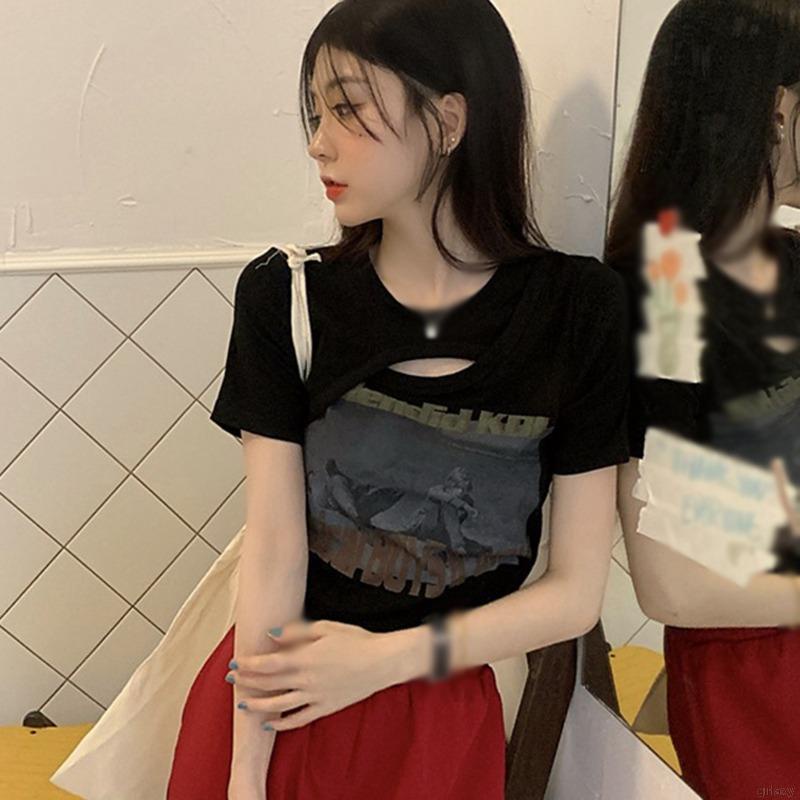 Áo thun croptop tay ngắn thiết kế khoét lỗ độc đáo phong cách Hàn Quốc thời trang mùa hè cho nữ