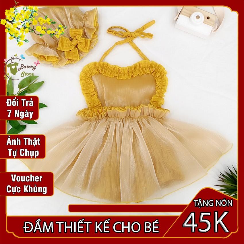 Sét đầm body yếm vàng cho bé gái, trẻ sơ sinh thiết kế độc đáo TẶNG KÈM nón dễ thương Quà tặng thôi nôi, sinh nhật MG64