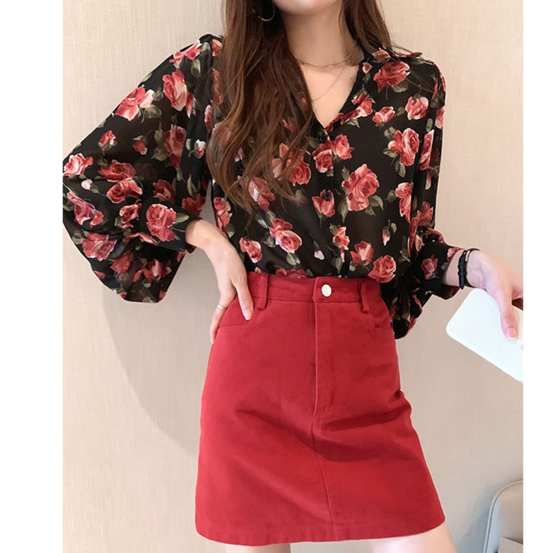 Áo Sơ Mi Chiffon Tay Phồng Dáng Rộng In Hoa Kiểu Hàn Quốc Xinh Xắn Cho Nữ | BigBuy360 - bigbuy360.vn