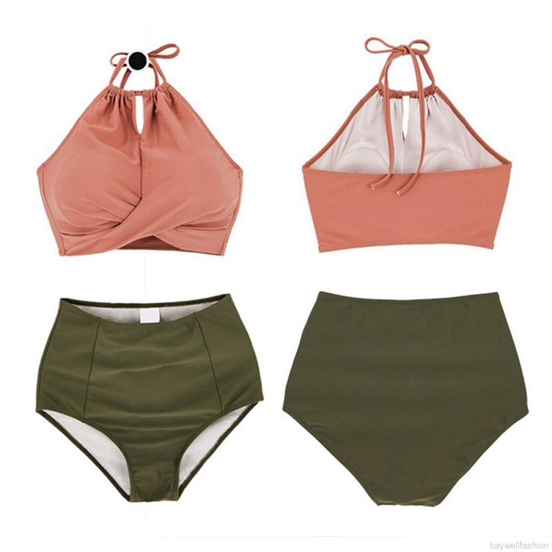 [Baywellfashion]Women Sexy Sweet Solid Color Simple High Waist Halter Cross Strap Bandage Split Bikini Set Swimsuit | BigBuy360 - bigbuy360.vn