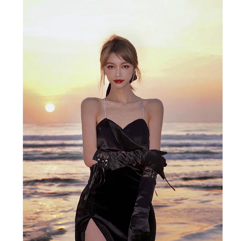 [F &amp; X ss] Đầm Nhung Hai Dây Màu Vàng Kim Phong Cách Pháp Mùa Đông Nhẹ Nhàng Chất Lượng Cao Cho Nữ 2021