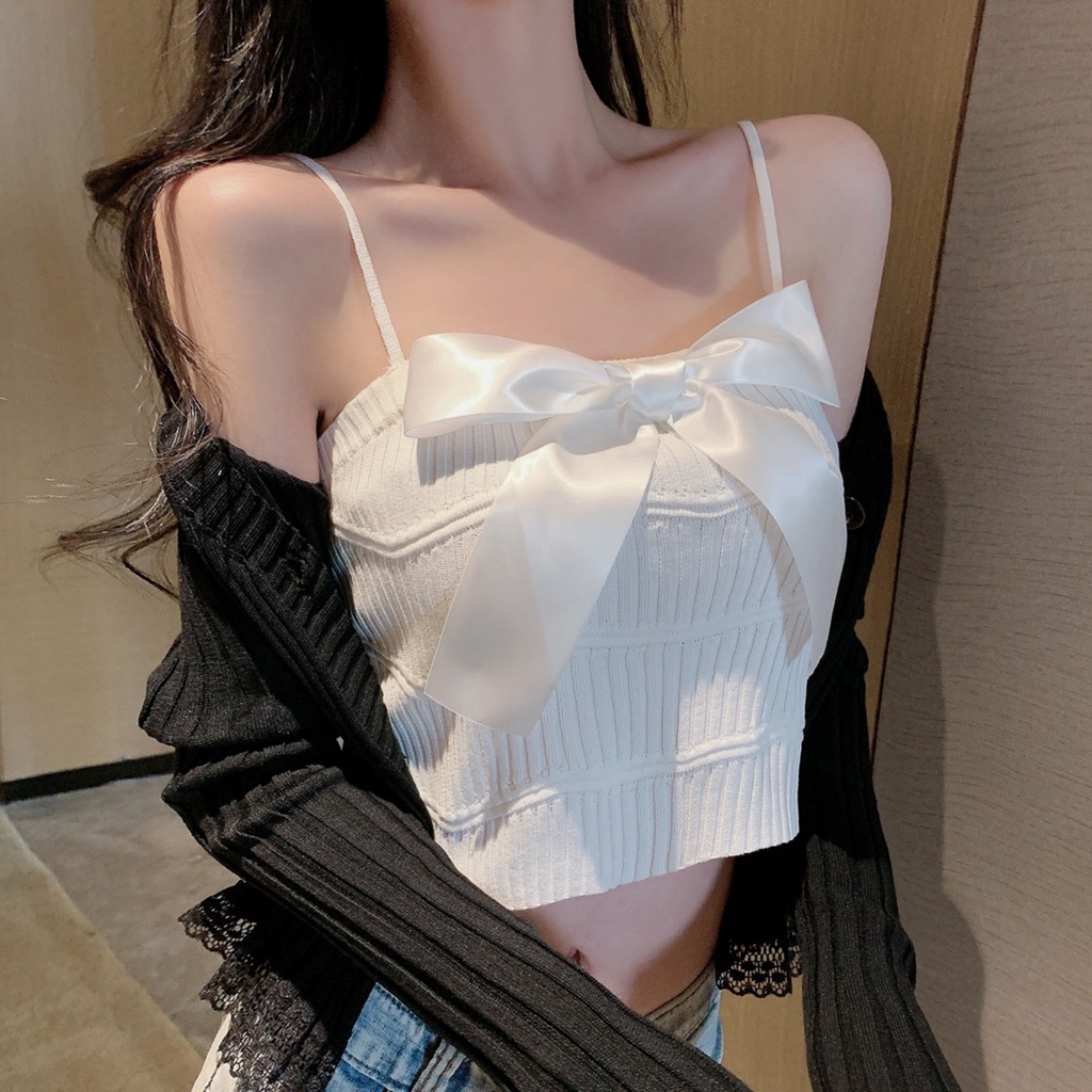 Áo hai dây dệt kim ZHELIHANGFEI đính nơ gợi cảm điệu đà