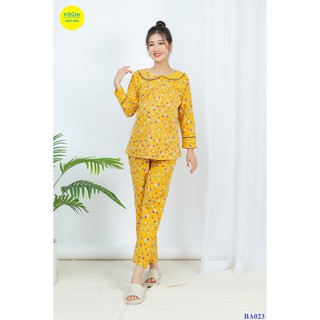 Bộ bầu dài tay thu đông Fochi chất nhung hoạ tiết hoa bông vàng cổ viền ren BA023
