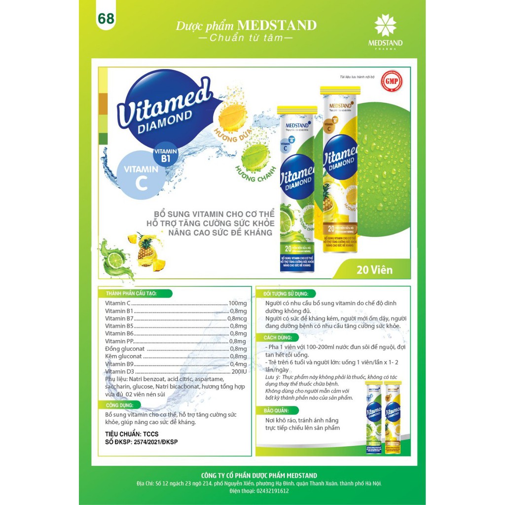 Viên C sủi bổ sung vitamin Vitamed Diamond ❤️FREESHIP❤️ Hương cam,chanh,kiwi,dứa,chanh leo,cherry,dâu tây,việt quất | Thế Giới Skin Care