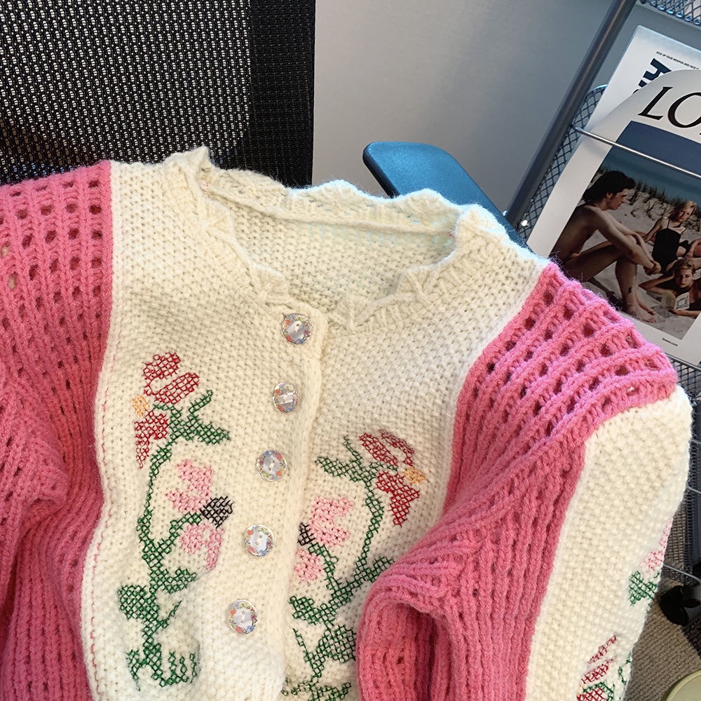 Áo khoác cardigan Pure Cube dệt kim tay dài dáng ngắn họa tiết hoa thời trang thu đông cho nữ