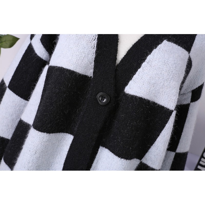 Jisoo blackpink Áo khoác cardigan dệt kim cổ chữ V sọc ca rô trắng đen phong cách retro cho nữ